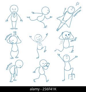 uomo d'affari. Figure disegnate a mano in diverse pose d'azione correndo in piedi tenendo puntando seduti saltando i doodle aziendali vettoriali. Illustrazione stickman disegno a cartoni animati, personaggio. uomo d'affari. Figure disegnate a mano in diverse pose d'azione correndo in piedi tenendo puntando seduti saltando i doodle aziendali vettoriali Illustrazione Vettoriale