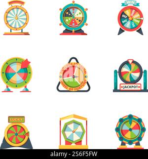 Fortuna della ruota. Simboli del cerchio fortunato roulette gioco d'azzardo vettoriale del gioco d'azzardo icone della fortuna stile piatto. Jackpot Lucky Wheel Fortune, illustrazione del gioco della roulette della lotteria. Fortuna della ruota. Simboli del cerchio fortunato roulette gioco d'azzardo vettoriale del gioco d'azzardo icone della fortuna stile piatto Illustrazione Vettoriale