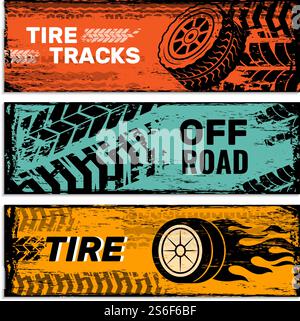 Striscioni ruote. Pneumatici sulla protezione stradale tracce di sporco vettoriale grafica grunge. Cartolina illustrativa, servizio auto web. Striscioni ruote. Pneumatici sulla protezione stradale tracce di sporco vettoriale grafica grunge Illustrazione Vettoriale