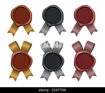 Francobolli di cera. Francobolli postali in oro argento bronzo elementi vettoriali con nastri di seta. Affiggere il logo, immagine riservata del marchio di garanzia vuoto. Francobolli di cera. Francobolli postali in oro argento bronzo elementi vettoriali con nastri di seta Illustrazione Vettoriale