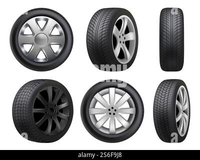 Ruote realistiche. Pneumatici manutenzione stradale vettoriale automobile collezione di articoli di automobili 3D. Pneumatico auto, equipaggiamento per auto, illustrazione realistica di pneumatici in gomma nera. Ruote realistiche. Pneumatici manutenzione stradale vettoriale automobile collezione di articoli di automobili 3d. Illustrazione Vettoriale