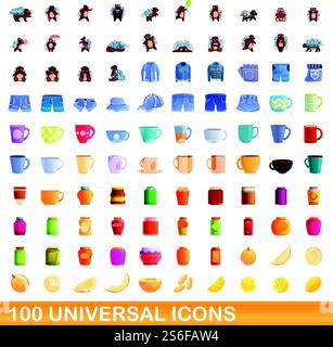 set di 100 icone universali. Illustrazione a cartoni animati di 100 icone vettoriali universali isolate su sfondo bianco. set di 100 icone universali, stile cartone animato Illustrazione Vettoriale
