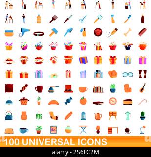 set di 100 icone universali. Illustrazione a cartoni animati di 100 icone vettoriali universali isolate su sfondo bianco. set di 100 icone universali, stile cartone animato Illustrazione Vettoriale