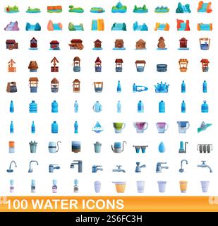 set di 100 icone dell'acqua. Illustrazione a cartoni animati di 100 icone dell'acqua, insieme di vettori isolati su sfondo bianco. set di 100 icone dell'acqua, stile cartone animato Illustrazione Vettoriale