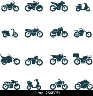 Simboli delle bici da strada. Sagome di trasporto urbano cicloturismo moto chopper vettoriale collezione di veicoli. Moto e moto, illustrazione della silhouette della moto. Simboli delle bici da strada. Sagome di trasporto urbano cicloturismo moto chopper vettoriale collezione di veicoli Illustrazione Vettoriale