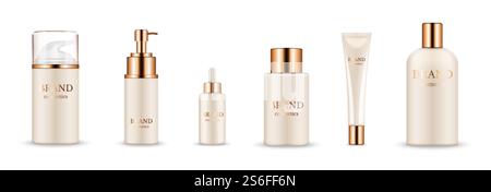 Bottiglie cosmetiche. Confezione realistica e dorata per siero, crema, shampoo, balsamo. Mockup cosmetico vettoriale isolato su sfondo bianco. Illustrazione del prodotto cosmetico con tappi dorati. Bottiglie cosmetiche. Confezione realistica e dorata per siero, crema, shampoo, balsamo. Mockup cosmetico vettoriale isolato su sfondo bianco Illustrazione Vettoriale
