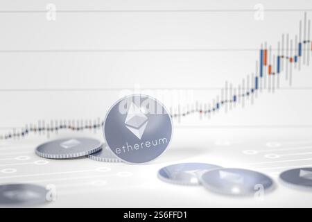 rendering 3d di alcune monete ethereum su sfondo grafico Foto Stock