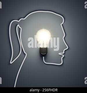 rendering 3d di una lampadina all'interno di una testa femminile Foto Stock