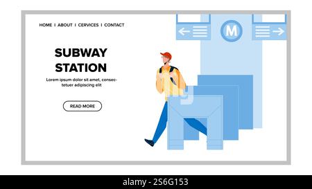 Sistema di ingresso della stazione della metropolitana Pass Passenger Vector. Stazione della metropolitana Barrier Boy di passaggio con apparecchiature di controllo dei biglietti di trasporto. Illustrazione Cartoon Flat Web Underground Man. Sistema di ingresso della stazione della metropolitana Pass Passenger Vector Illustrazione Vettoriale