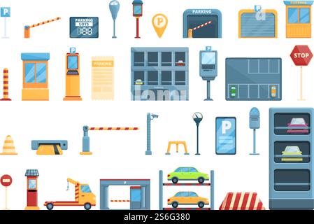 Icone di parcheggio a pagamento impostate. Cartoni animati con icone vettoriali di parcheggio a pagamento per il web design. Set di icone del parcheggio a pagamento, stile cartoni animati Illustrazione Vettoriale