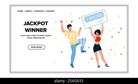 Vincitore del jackpot uomo e donna che celebra Vector. Il vincitore del jackpot Boy and Woman tiene sotto controllo e festeggia i soldi vinti in lotteria. Personaggi gioco fortuna giocatori Web Flat Cartoon Illustration. Vincitore del jackpot uomo e donna che celebra Vector Illustrazione Vettoriale
