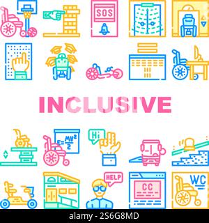 Icone della raccolta inclusiva Life Tool Set Vector. Graduazione e luogo di lavoro, SportLife and Communication, Bus e Velomobile Inclusive Life Concept pittogrammi lineari. Illustrazioni colore contorno. Icone della raccolta inclusiva Life Tool Set Vector Illustrazione Vettoriale