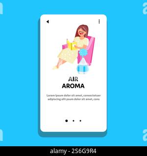 Apparecchio purificatore d'aria per uso domestico in vettoriale. Donna seduta in poltrona e libro da lettura, vicino a Working Electric Air Aroma Oil Diffuser. Illustrazione del fumetto piatto della bobina di gadget di aromaterapia di carattere. Apparecchio purificatore d'aria per uso domestico in vettoriale Illustrazione Vettoriale