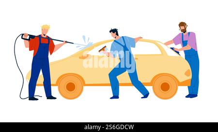 Addetti al servizio di autolavaggio che lavano Automobile Vector. Stazione autolavaggio Man with Equipment spruzzatura dell'acqua, pulizia e pulizia dei finestrini con Rag. Illustrazione fumetti Business Flat dei personaggi. Addetti al servizio di autolavaggio che lavano Automobile Vector Illustrazione Vettoriale