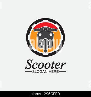Icona vettoriale del logo dello scooter ciclomotore modello di disegno dell'illustrazione. Logo del club di moto e scooter retrò. Emblemi, icone e distintivi di scooter classici. Illustrazione Vettoriale