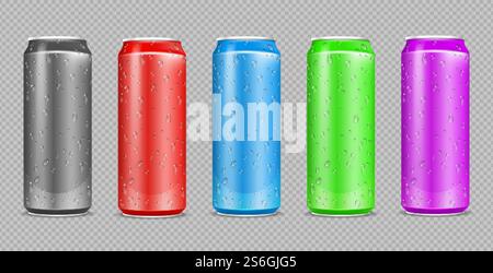 Taniche in alluminio colorate. Gocce d'acqua realistiche sulle bottiglie d'acciaio per bevande. CAN isolato su sfondo trasparente. Mockup vettoriale per birra metallica o bevande gassate. Illustrazione contenitore in alluminio con bevanda. Taniche in alluminio colorate. Gocce d'acqua realistiche sulle bottiglie d'acciaio per bevande. CAN isolato su sfondo trasparente. Mockup vettoriale per birra metallica o bevande gassate Illustrazione Vettoriale