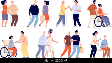 Assistenti sociali. Gruppo di aiuto senior, volontari. Supportare la comunità dei servizi o il personale disponibile degli studenti. Persone che aiutano le persone anziane a impostare i vettori. Sostenere l'illustrazione del personale volontario e volontario. Assistenti sociali. Gruppo di aiuto senior, volontari. Supportare la comunità dei servizi o il personale disponibile degli studenti. Persone che aiutano le persone anziane a impostare i vettori Illustrazione Vettoriale