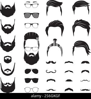 Uomo hipster. Barba maschile, baffi. Faccia di un uomo isolato con gli occhiali. Icone del barbiere alla moda. Illustrazione vettoriale del costruttore verticale. Barba hipster maschile, baffi e capelli. Uomo hipster. Barba maschile, baffi. Faccia di un uomo isolato con gli occhiali. Icone del barbiere alla moda. Illustrazione vettoriale del costruttore verticale Illustrazione Vettoriale