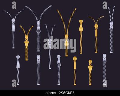Cerniera metallica. Cerniera metallica in plastica. Zip aperte e chiuse in argento oro. Accessori per tirare gli abiti in acciaio su misura. Set vettoriale di fermi isolati. Illustrazione della cerniera del dispositivo di fissaggio, accessorio per cucitura con cerniera. Cerniera metallica. Cerniera metallica in plastica. Zip aperte e chiuse in argento oro. Accessori per tirare gli abiti in acciaio su misura. Set vettoriale di fermi isolati Illustrazione Vettoriale