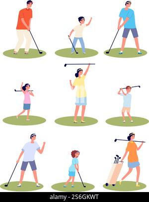 Personaggi dei giocatori di golf. Uomini donne che giocano, golfisti isolati con attrezzature e borse. Set vettoriale di sport per attività ricreative all'aperto maschile. Attività di golf, illustrazione di un gioco sportivo per l'allenamento dell'uomo. Personaggi dei giocatori di golf. Uomini donne che giocano, golfisti isolati con attrezzature e borse. Set vettoriale di sport per attività ricreative all'aperto maschile Illustrazione Vettoriale