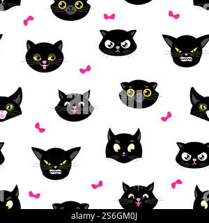 Schema Cat. Felini di Halloween senza cuciture. Teste di gattino nere con occhi gialli. Stampa in tessuto Kitty, cartoni animati animaletti volti vettoriali. halloween senza cuciture, illustrazione mascotte con il viso gattino. Schema Cat. Felini di Halloween senza cuciture. Teste di gattino nere piatte con occhi gialli. Carino stampa in tessuto gattino, animaletti animaletti con sfondo vettoriale Illustrazione Vettoriale