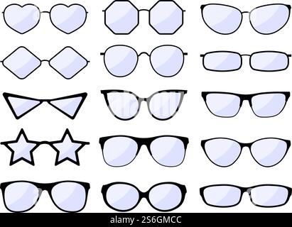 Silhouette degli occhiali. Occhiali da vista con montatura elegante, modelli di occhiali neri. Occhiali da vista alla moda. Occhiali da sole hipster. Set di icone isolate vettoriali. Occhiali per illustrazioni oculari, oculari e occhiali da vista. Silhouette degli occhiali. Occhiali da vista con montatura elegante, modelli di occhiali neri. Occhiali da vista alla moda. Occhiali da sole hipster. Set di icone isolate vettoriali Illustrazione Vettoriale