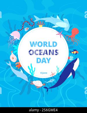 Giornata degli oceani. Mare pulito, acqua terrestre. Sfondo celebrativo mondiale dell'oceano. Animali selvatici, delfino di squalo. Banner vettoriale dell'ecosistema dell'ambiente. Habitat acquatico globale, aiuta i pesci e gli animali marini a illustrare. Giornata degli oceani. Mare pulito, acqua terrestre. Sfondo celebrativo mondiale dell'oceano. Animali selvatici, squali e delfini. Banner vettoriale dell'ecosistema dell'ambiente Illustrazione Vettoriale