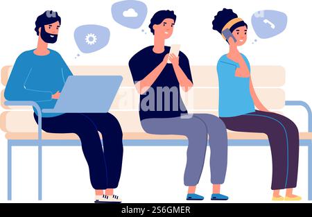 Persone che chiacchierano. Uomo donna che usa smartphone e laptop. Dipendenza da Internet o social network. Vettore di comunicazione isolato. Collegamento ai social media e comunicazione nell'illustrazione di Messenger. Persone che chiacchierano. Uomo donna che usa smartphone e laptop. Dipendenza da Internet o social network. Caratteri vettoriali di comunicazione web dei cartoni animati isolati Illustrazione Vettoriale