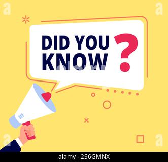 Lo sapevate? Fatti innovativi, banner per domande o idee per quiz. Divertente bolla di discorso, marketing e promozione, vendite. Concetto di pensiero vettoriale. Banner delle domande illustrative, discussione su bolle o consigli. Lo sapevate? Fatti innovativi, banner per domande o idee per quiz. Divertente bolla di discorso, marketing e promozione, vendite. Concetto di pensiero vettoriale Illustrazione Vettoriale