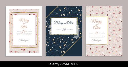 Biglietto d'invito per matrimoni sul terrazzo. Design astratto da sposa, salvare i volantini da data. Glitter e marmo, rivestimento in pietra, modello per striscioni vettoriali. Modello di invito per nozze, banner e illustrazione della brochure. Biglietto d'invito per matrimoni sul terrazzo. Design astratto da sposa, salvare i volantini da data. Glitter e marmo, rivestimento in pietra, modello per striscioni vettoriali Illustrazione Vettoriale