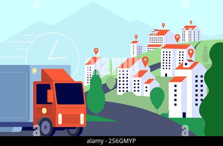 Veicolo per consegne in città. Posta commerciale, trasporto rapido rapido e mobile. Servizi di tracciamento GPS, illustrazione di vettori logistici intelligenti. Spedizione postale commerciale, consegna e trasporto pacchi. Veicolo per consegne in città. Posta commerciale, trasporto rapido rapido e mobile. Servizi di tracciamento GPS, illustrazione di vettori logistici intelligenti Illustrazione Vettoriale