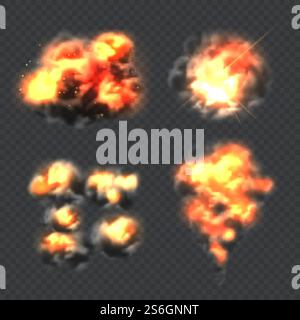 Esplosione di una bomba. Creare modelli di raccolta vettoriali di luce realistici con effetto esplosivo. Illustrazione fuoco e fiamma, esplosione di dinamite esplosiva. Esplosione di una bomba. Creare modelli di raccolta vettoriali di luce realistici con effetto esplosivo Illustrazione Vettoriale