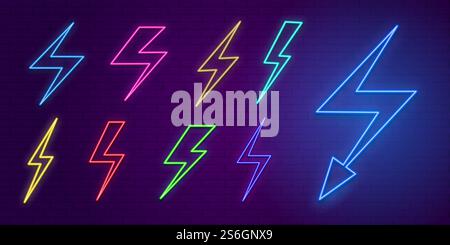 Icone fulmini al neon. Frecce e flash colorati, discoteca bar o emblemi del night club. Rispetto alla segnaletica vettoriale fulmine neon, illustrazione di un tuono flash. Icone fulmini al neon. Frecce e flash colorati, discoteca bar o emblemi del night club. Contro i segni vettoriali Illustrazione Vettoriale