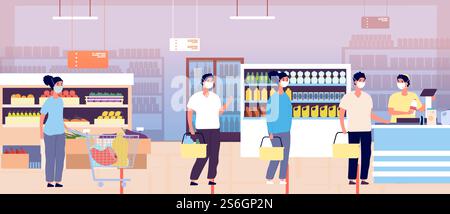 Coda alla cassa del supermercato. Clienti del supermercato con carrelli. Le maschere protettive per le persone mantengono la distanza. Pandemia o epidemia globale di coronavirus. Vettore della linea di attesa degli acquirenti nell'illustrazione della spesa. Coda alla cassa del supermercato. I clienti del negozio di alimentari possono usufruire di carrelli. Le persone con maschere protettive mantengono la distanza. Pandemia o epidemia globale di coronavirus. Acquirenti in linea di attesa vettoriale Illustrazione Vettoriale