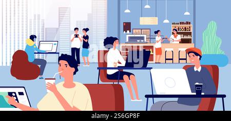 Lavoro in un bar. Caffetteria, business coworking all'interno del bar. Riunione di amici, persone sorridenti lavorano al computer e illustrazione vettoriale del barista. Caffè per una pausa riunione, coworking di personaggi e freelance. Lavoro in un bar. Caffetteria, business coworking all'interno del bar. Riunione di amici, persone sorridenti lavorano al computer e illustrazione vettoriale del barista Illustrazione Vettoriale