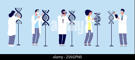 Ricerca sul DNA. Scienziati che studiano molecole. Struttura umana, ingegneria genetica e esperimenti scientifici. Illustrazione vettoriale del lavoratore del laboratorio medico. Molecola di dna di ricerca, gene umano molecolare. Ricerca sul DNA. Scienziati che studiano molecole. Struttura umana, ingegneria genetica e esperimenti scientifici. Illustrazione vettoriale dei lavoratori del laboratorio medico Illustrazione Vettoriale
