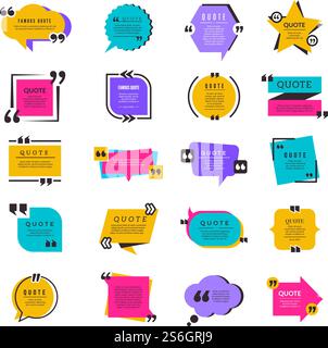 Frame di preventivo. Testo citazione casella a bolle informazioni sulla carta elementi di testo lettere modello vettoriale. Discussione di messaggi vocali, citazioni informative e illustrazione di bolla di notizie. Frame di preventivo. Testo citazione casella a bolle informazioni sulla carta elementi di testo lettere modello vettoriale Illustrazione Vettoriale