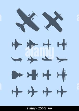 Sagome di aerei. Aereo per i viaggiatori, trasporto di aerei vettoriali icone. Aereo aereo aereo aereo jet silhouette, trasporto aereo illustrazione. Sagome di aerei. Aereo per i viaggiatori, trasporto di aerei vettoriali icone Illustrazione Vettoriale
