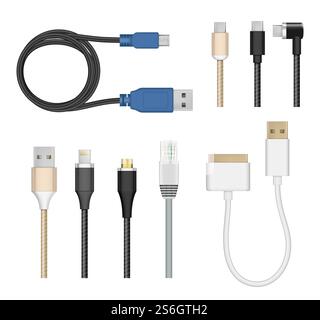 Cavi di collegamento. Cavo di ricarica per computer e dispositivi mobili spina cavo elettrico usb pc Vector Realistic Collection. Illustrazione del cavo, del cavo e del cavo di collegamento USB, della spina elettrica. Cavi di collegamento. Cavo di ricarica per computer e dispositivi mobili spina cavo elettrico usb pc Vector Realistic Collection Illustrazione Vettoriale