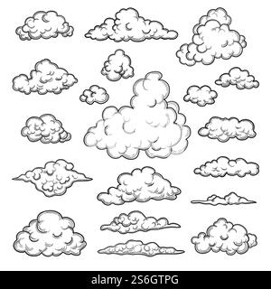 Nuvole disegnate a mano. Simboli grafici meteo oggetti decorativi vettoriali cielo natura raccolta di nuvole vettoriali. Immagine meteo nuvola, previsioni nuvolose. Nuvole disegnate a mano. Simboli grafici meteo oggetti decorativi vettoriali cielo natura raccolta di nuvole vettoriali Illustrazione Vettoriale