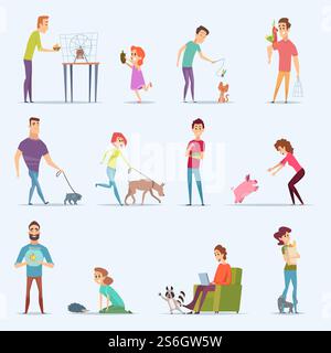 Proprietari di animali. L'acquario cane gattino pesca le persone con adorabili animali domestici personaggi vettoriali dei cartoni animati. Illustrazione animale domestico, riccio domestico, maiale e cane, gatto e pappagallo. Proprietari di animali. L'acquario cane gattino pesca le persone con adorabili animali domestici personaggi vettoriali dei cartoni animati Illustrazione Vettoriale
