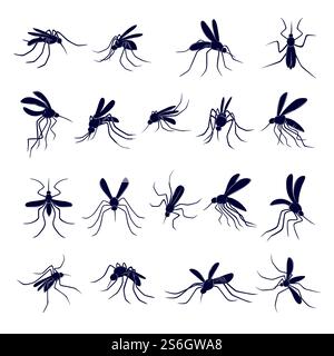 Zanzara volante. Piccoli insetti di sangue portatori di virus sagome vettore disegnato set. Illustrazione di insetti di zanzara, malaria gnat e parassiti del sangue. Zanzara volante. Piccoli insetti di sangue portatori di virus sagome vettore disegnato set Illustrazione Vettoriale