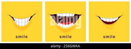 Biglietti per il sorriso. Sorrisi felici, umore positivo. Striscioni gialli, divertente design sorridente. Modelli di bocca e simboli vettoriali. Happy Smile Joy card, divertente illustrazione banner. Biglietti per il sorriso. Sorrisi felici, umore positivo. Striscioni gialli, divertente design sorridente. Modelli di bocca e simboli vettoriali Illustrazione Vettoriale