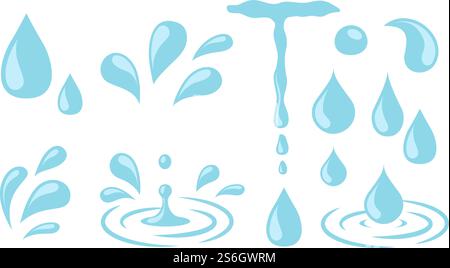 Gocce d'acqua. Lacrime di cartoni animati, elementi di spruzzi della natura. Gocce di pioggia o sudore isolate, gocce umide di forme di rugiada. Icone vettoriali acquatiche isolate. Illustrazione in blu acqua a goccia, goccia e pioggia. Gocce d'acqua. Lacrime di cartoni animati, elementi di spruzzi della natura. Gocce di pioggia o sudore isolate, gocce umide di forme di rugiada. Icone vettoriali acquatiche isolate Illustrazione Vettoriale