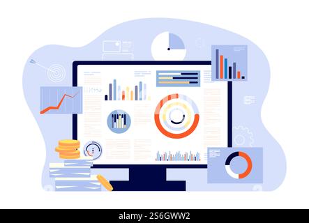 Relazione finanziaria e contabilità. Audit, investimenti riusciti o rapporti fiscali. Schermo del computer, grafici e grafici. Illustrazione vettoriale del programma aziendale dell'account. Infografica sulla gestione delle verifiche di analisi. Relazione finanziaria e contabilità. Audit, investimenti riusciti o rapporti fiscali. Schermo del computer, grafici e grafici. Illustrazione vettoriale del programma aziendale dell'account Illustrazione Vettoriale