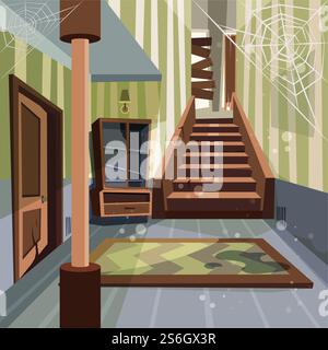 Casa abbandonata. Stanza interna rotta al coperto nessuno casa vuota abbandonato edificio sfondo vettoriale cartoni animati. Vuoto abbandonato, struttura casa stanza, illustrazione interna rotta. Casa abbandonata. Stanza interna rotta al coperto nessuno casa vuota abbandonato edificio sfondo vettoriale cartoni animati Illustrazione Vettoriale