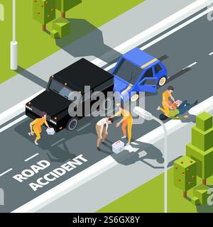Strada dell'incidente. Il pronto soccorso paramedico aiuta le persone la polizia e gli operatori sanitari background isometrico vettoriale. Illustrazione del primo soccorso dopo un incidente di guida su strada. Strada dell'incidente. Il pronto soccorso paramedico aiuta le persone la polizia e gli operatori sanitari background isometrico vettoriale Illustrazione Vettoriale