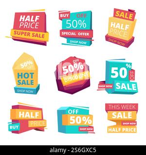 Distintivi a metà prezzo. Pubblicità di banner di vendita, tag e collezioni vettoriali di etichette promozionali. Percentuale di sconto sul prezzo, illustrazione del badge offerta parziale. Distintivi a metà prezzo. Pubblicità di banner di vendita, tag e collezioni vettoriali di etichette promozionali Illustrazione Vettoriale