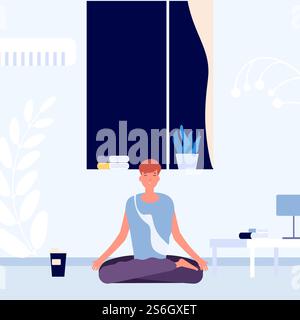 Meditazione prima di andare a letto. Riposo serale, ricarica del cervello. L'uomo siede in posizione di loto con gli occhi chiusi nell'illustrazione vettoriale del salotto. Meditazione yoga e relax, posare rilassamento meditare. Meditazione prima di andare a letto. Riposo serale, ricarica del cervello. L'uomo siede in posizione di loto con gli occhi chiusi nell'illustrazione vettoriale del salotto Illustrazione Vettoriale