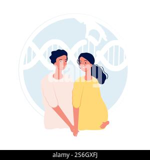 Fecondazione in vitro. Medicina moderna e test genetici fetali. Genitorialità, giovane coppia. Maternità, donna incinta. Vettore dei futuri genitori. Illustrazione medicina riproduzione, test riproduttivo. Fecondazione in vitro. Medicina moderna e test genetici fetali. Genitorialità, felice giovane coppia. Maternità, donna incinta con un uomo. Concetto vettoriale dei futuri genitori Illustrazione Vettoriale